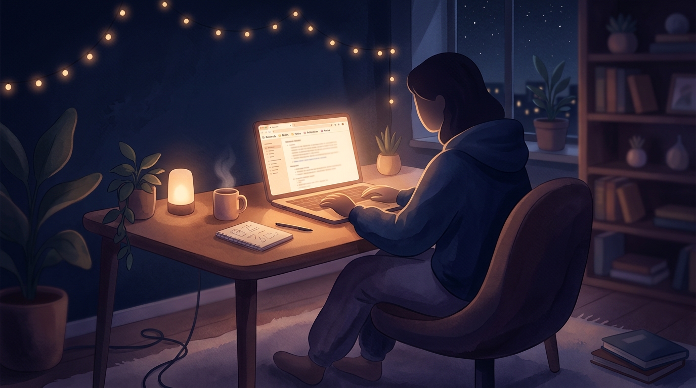 어두운 방, 노트북 불빛 앞에 앉은 실루엣