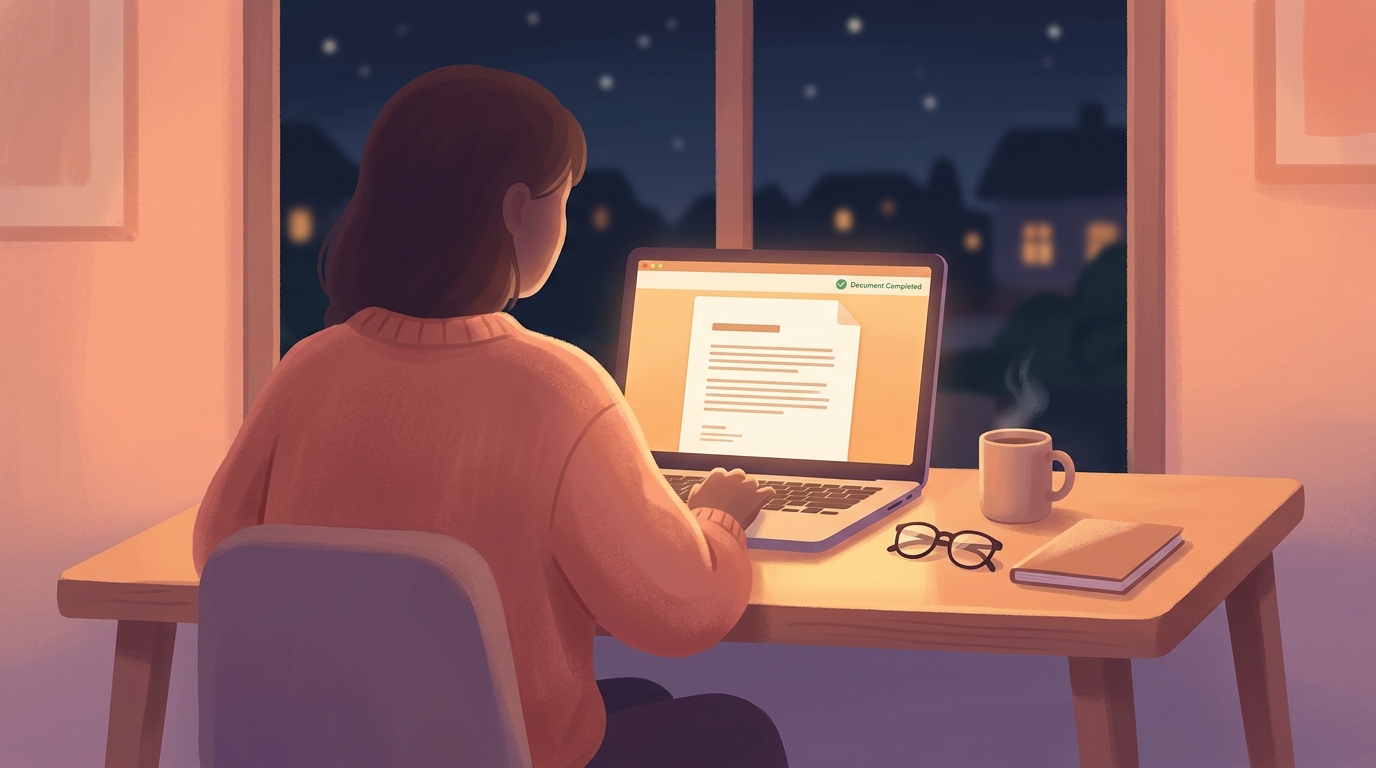 같은 어두운 방, 노트북 화면에 글이 채워진 실루엣